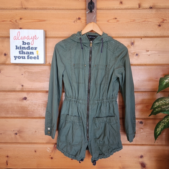 Black Rivet Jackets & Blazers - Black Rivet Hooded Military Utility Cargo Jacket Outdoor Green Stretch Zip Sz XS